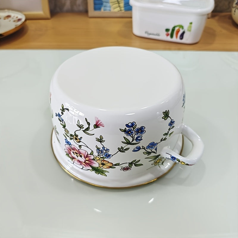 Enamel Stockpot with Lid, Floral Design and Double Handle Cooking Pot for Home Kitchen Soup, Stew, and Casseroles.