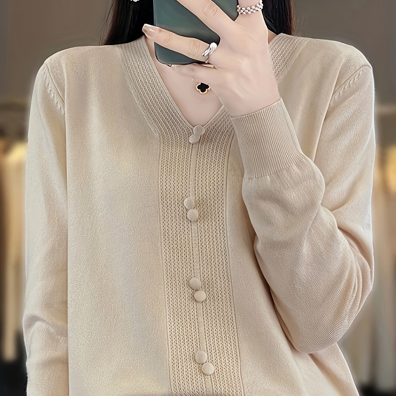 Oversized V-Neck Sweater with Button Accents