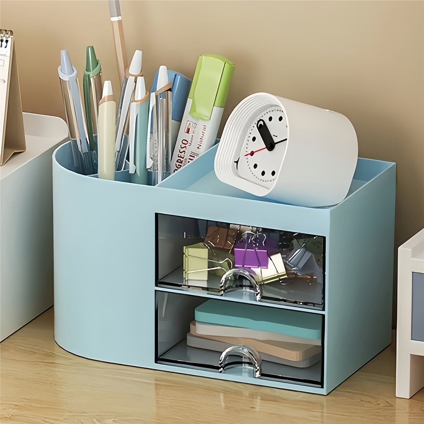 Desk organizer with dual drawers, pen holder, cosmetic and jewelry storage. White plastic design for office supplies, makeup, and gifts.