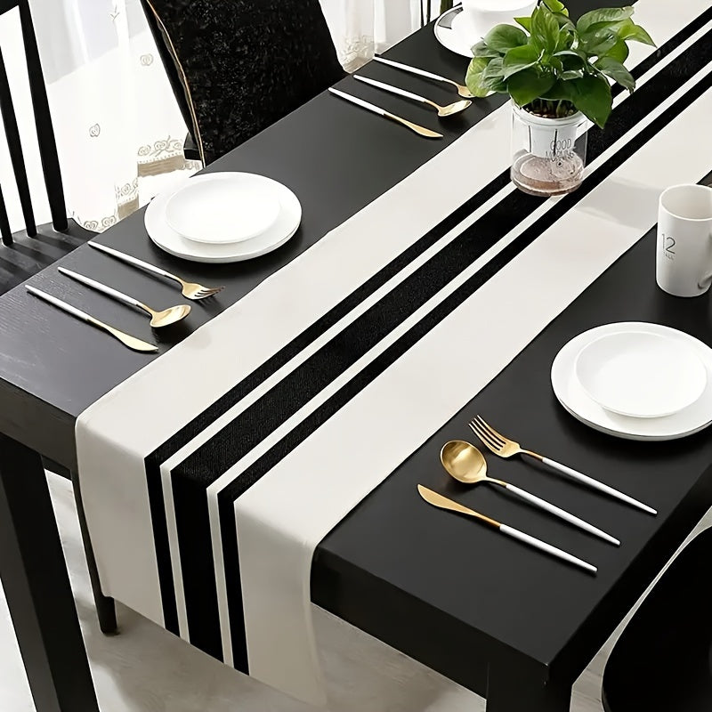 Geometric Stripe Linen Table Runner in Classic Black and White, Perfect for Home Decor and Dining_RDWR.