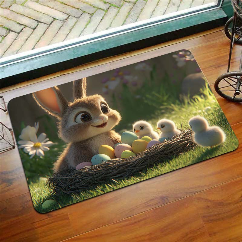 Easter-themed Rug featuring Adorable Rabbit and Chicks design, 8mm Thick Polyester Material for Anti-Slip Properties, Easily Washable Rectangle Mat suitable for Kitchen, Living Room and Bedroom Decor