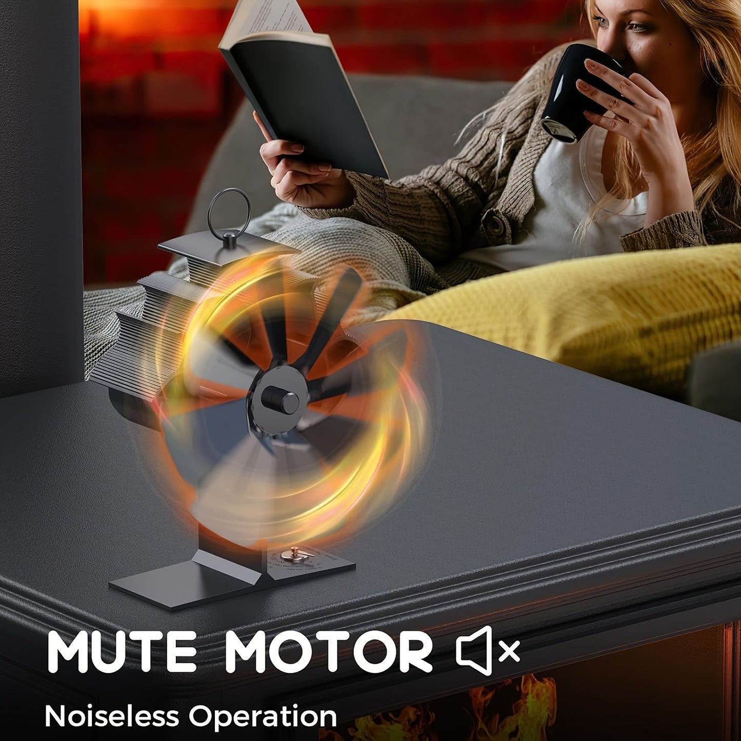 One piece 8-blade fireplace fan featuring a built-in thermometer, designed for wood-burning stove fireplaces with top temperature control. This fan is capable of circulating warm/hot air but is not suitable for soapstone stoves or pellet stoves. A handy