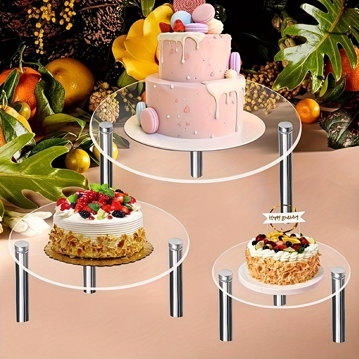 Elegant Transparent Acrylic 3-Tier Cake Stand with Sturdy Metal Poles - Perfect for Weddings, Birthdays, and Christmas! Versatile Cupcake and Cake Display Rack for Party Decor and Kitchen Use, Includes Cake Decorating Supplies