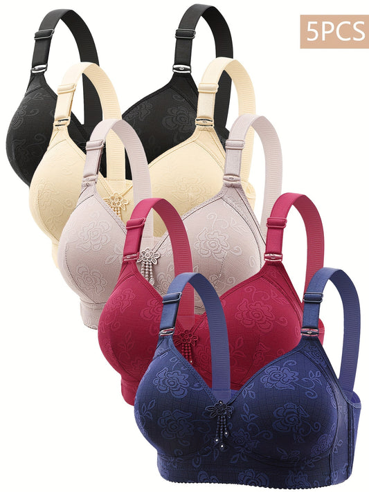 5 Elegant Nylon Push Up Bras with Wireless, Non-Removable Padding in Solid Color Knit Fabric for Adult Everyday Comfort.