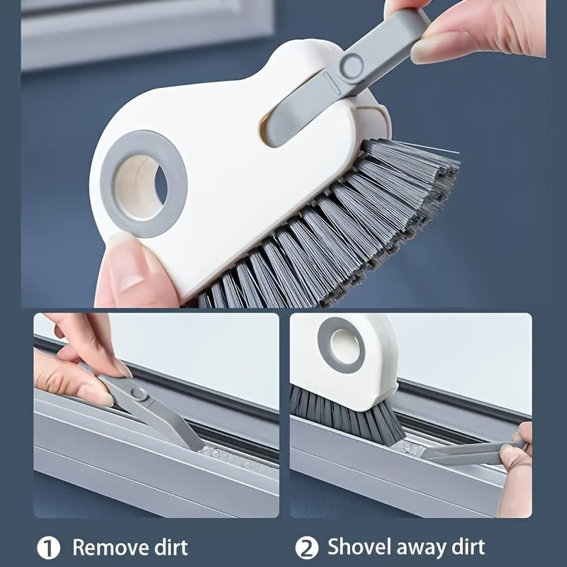 Soft bristle 2-in-1 brush for window tracks and grout cleaning, perfect for sliding door tracks, sills, and seals. This reusable manual household cleaning tool is made of durable plastic and requires no electricity. Ideal for use in the living room and