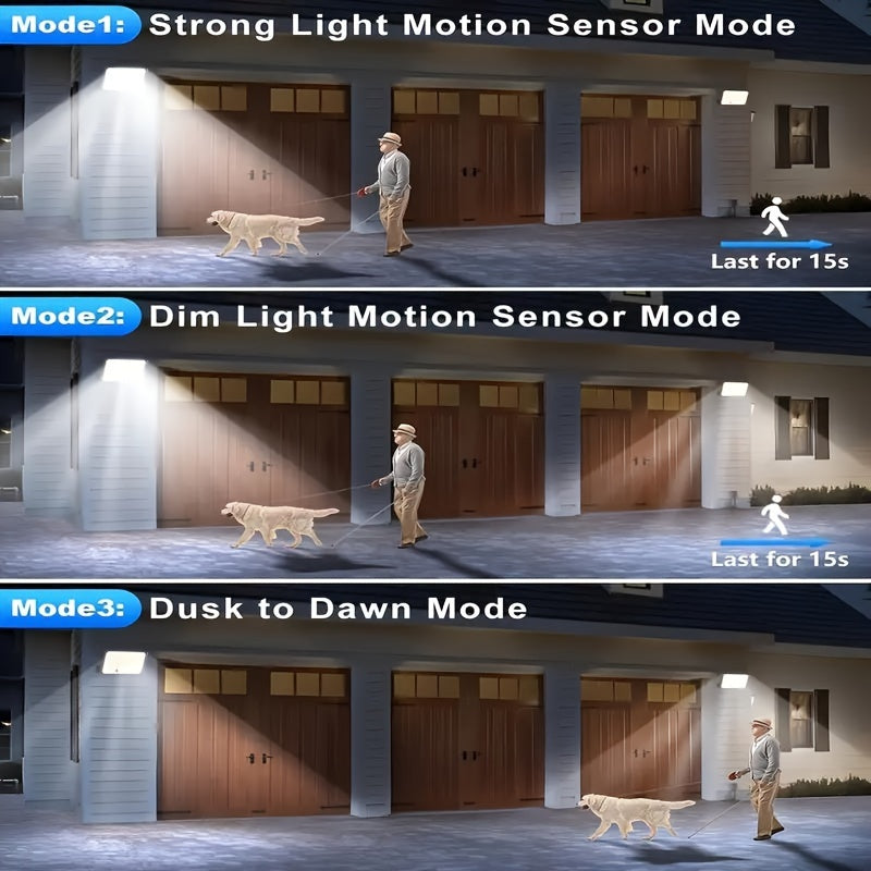 Solar floodlight with motion sensor, 3 lighting modes, and remote control for outdoor installation on walls.