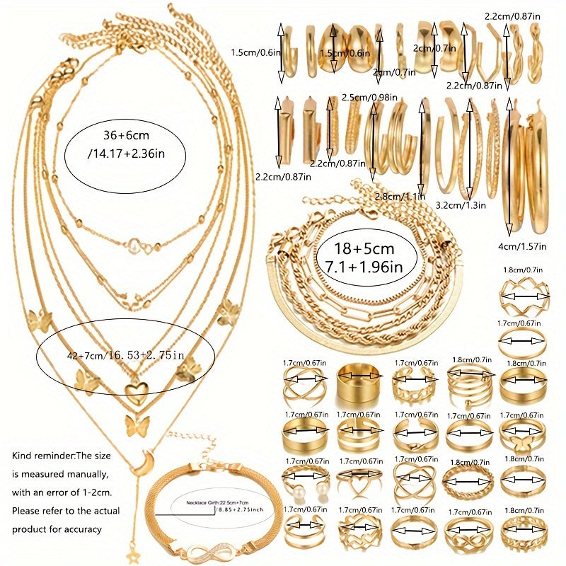 Set of 57 pieces of fashionable metal-style jewelry for women, including necklaces, earrings, bracelets, rings, and anklets. Features wide surface glossy earrings, ring set in a box, twist chain lock bracelet, and daily casual jewelry gift for women