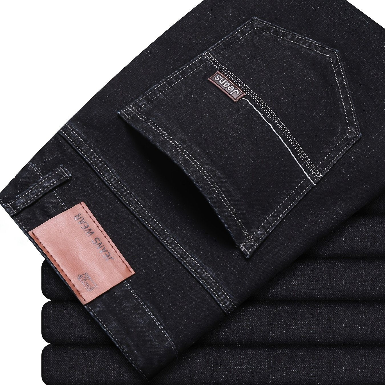 Straight leg denim jeans with classic design, slightly stretchy for versatility in business and leisure wear.