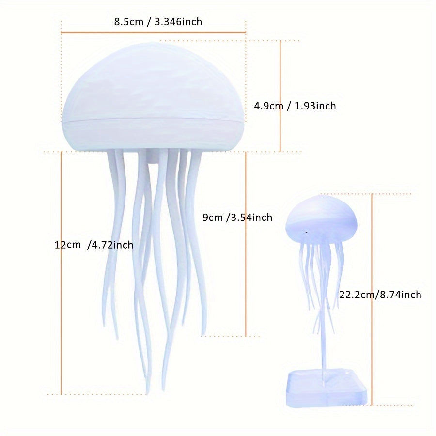 Jellyfish-shaped night light with color-changing, voice control, rotatable design. USB rechargeable with LED lights. Suitable for various uses, including office, bedroom, camping, outdoors.