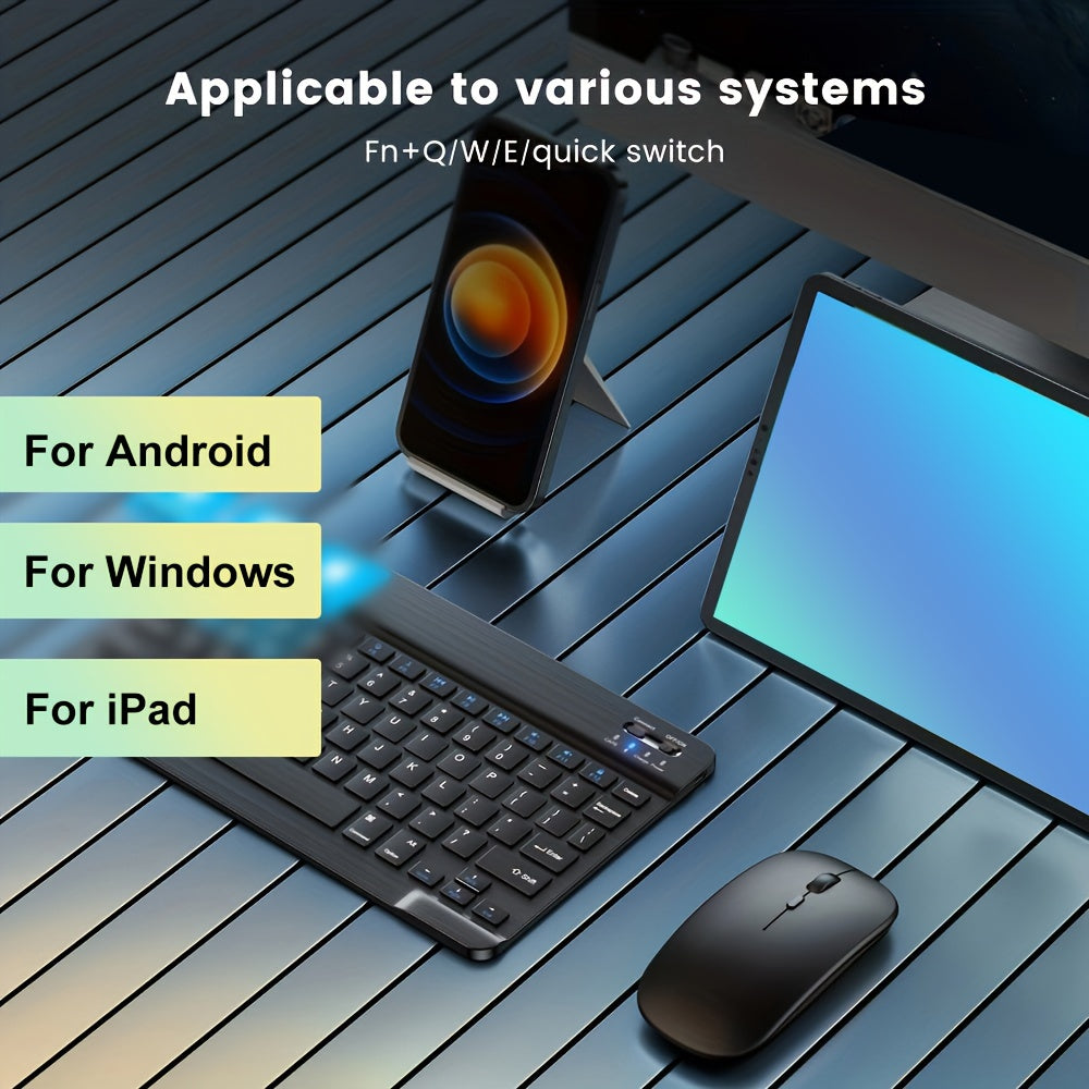 Portable mini wireless keyboard and mouse combo with slim design, rechargeable lithium-polymer battery, and compatibility with various devices. Features optical movement detection, silent