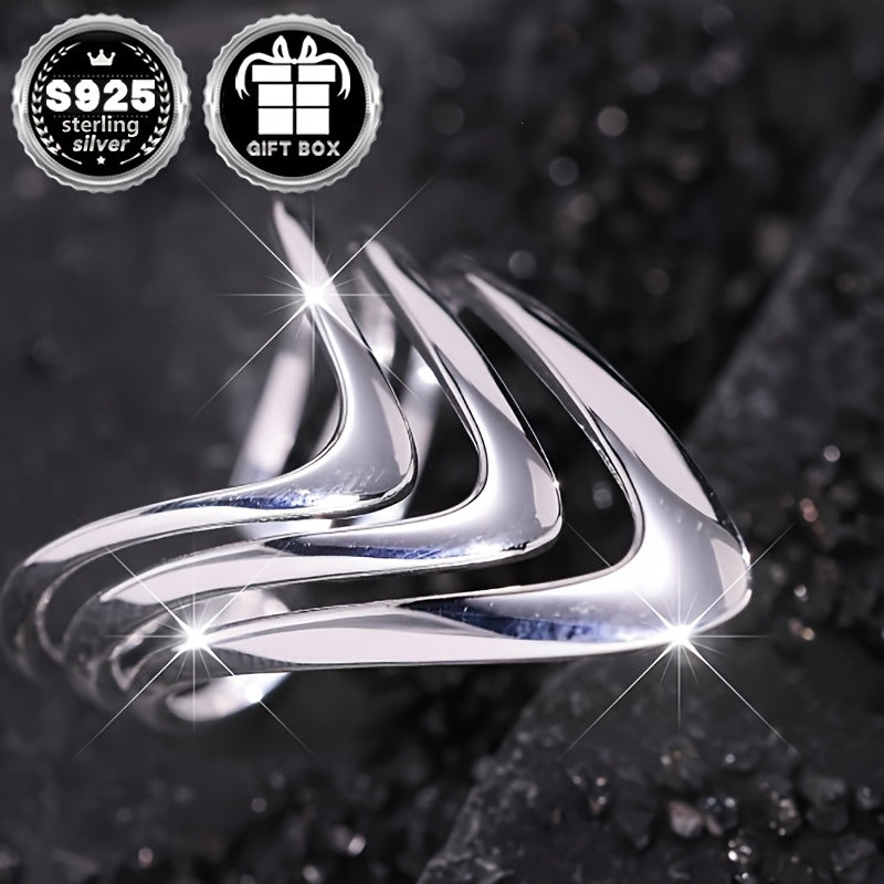 Elegant Adjustable Wide Band Ring for Women - Made of 925 Sterling Silver, Featuring a Stylish Multi-Layer Design, Comes in a Gift Box - Great for Parties and Everyday Wear, Makes a Perfect Gift