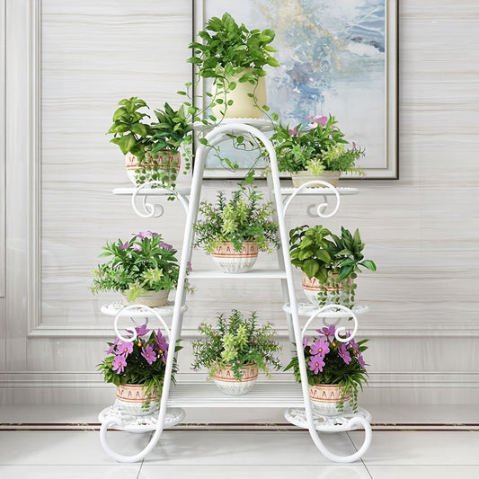 European-style metal plant stand with 9 tiers for indoor and outdoor use. Provides a decorative display for flower pots in the garden, balcony, or living room. Does not require electricity