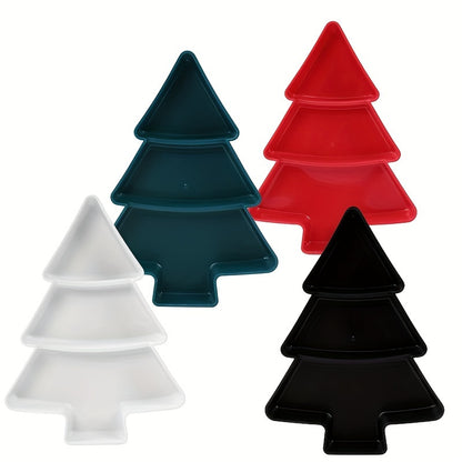 Christmas tree-shaped plastic tray for snacks, candy, fruit, and nuts. Perfect for parties, tea time, and gatherings. Ideal for office gift packaging. Made of durable plastic.