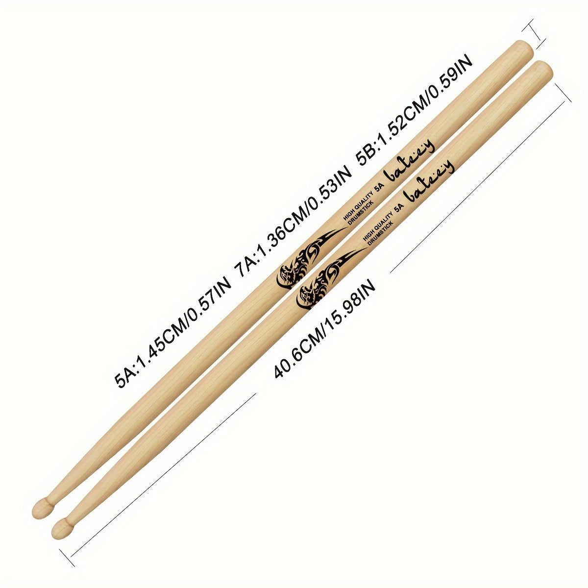 Lightweight drumsticks with totem design, selectable sizes 5A, 7A, and 5B. Made of high-quality natural wood with a precision grip, uncharged pair.