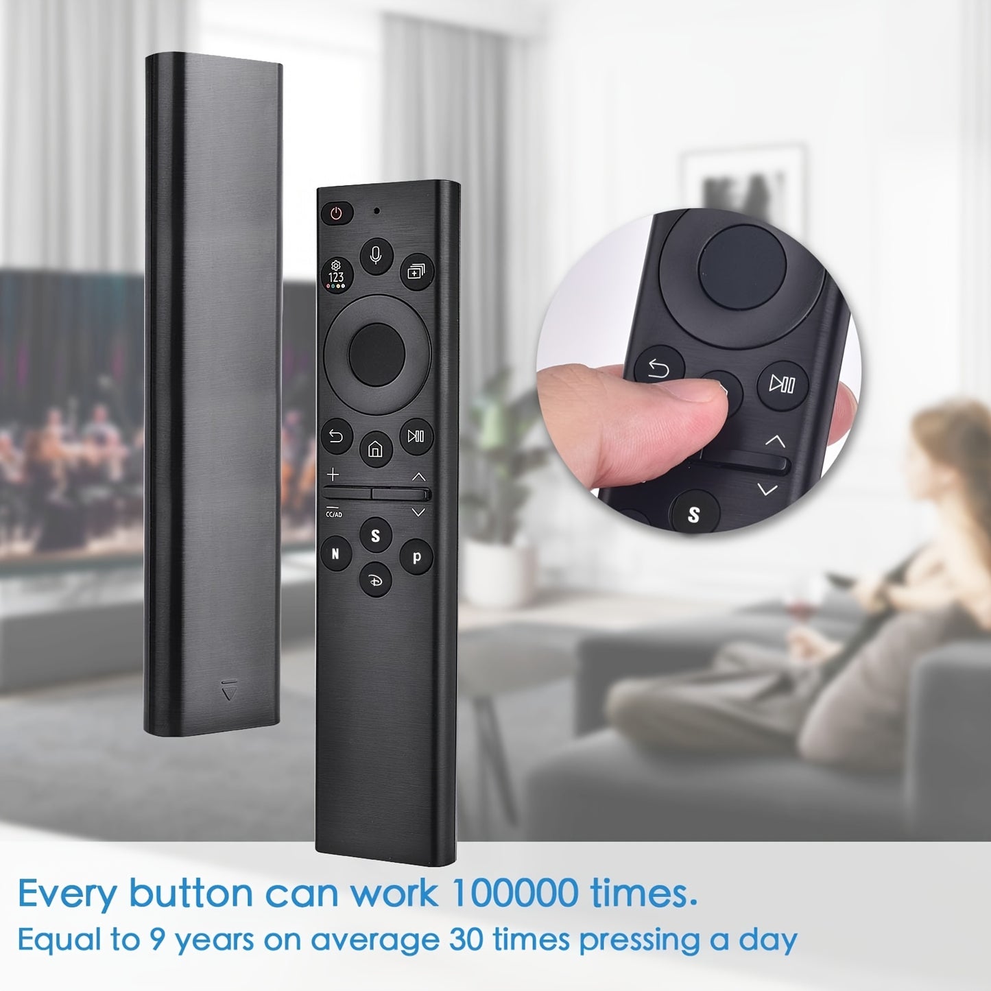 2022 model voice remote for Samsung Smart TV, compatible with 2018-2022 models, infrared & wireless, battery powered, voice search, battery not included.