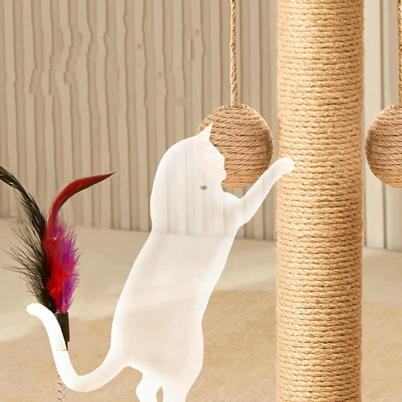 Interactive cat scratching post with rotating tassels and durable scratch board made of polyester fiber. Includes play balls and fully assembled for indoor cats.