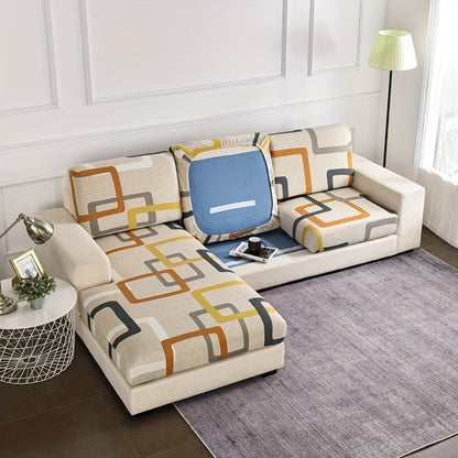 L-shaped sofa slipcover with geometric pattern, non-slip and elastic, perfect for protecting furniture in any room.