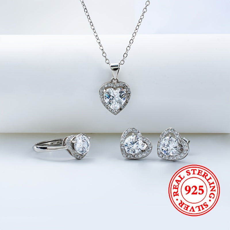 Luxurious 925 Sterling Silver Heart-Shaped Jewelry Set with Synthetic Zirconia Encrusted, Timeless Design, Perfect for March Birthstone, Ideal for Wedding or Valentine's Day Gift. Includes Necklace, Earrings, and Ring.