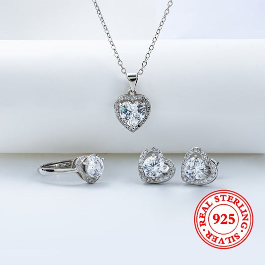 Luxurious 925 Sterling Silver Heart-Shaped Jewelry Set with Synthetic Zirconia Encrusted, Timeless Design, Perfect for March Birthstone, Ideal for Wedding or Valentine's Day Gift. Includes Necklace, Earrings, and Ring.