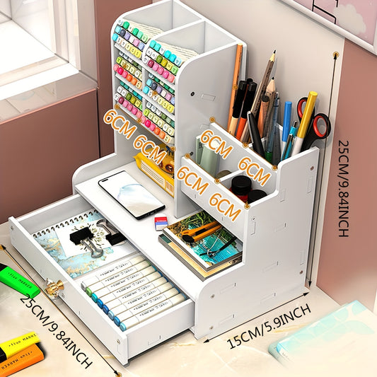 White Desktop Bookshelf with Slant Plug-in Pen Holder, Drawer and Marker Storage Box.