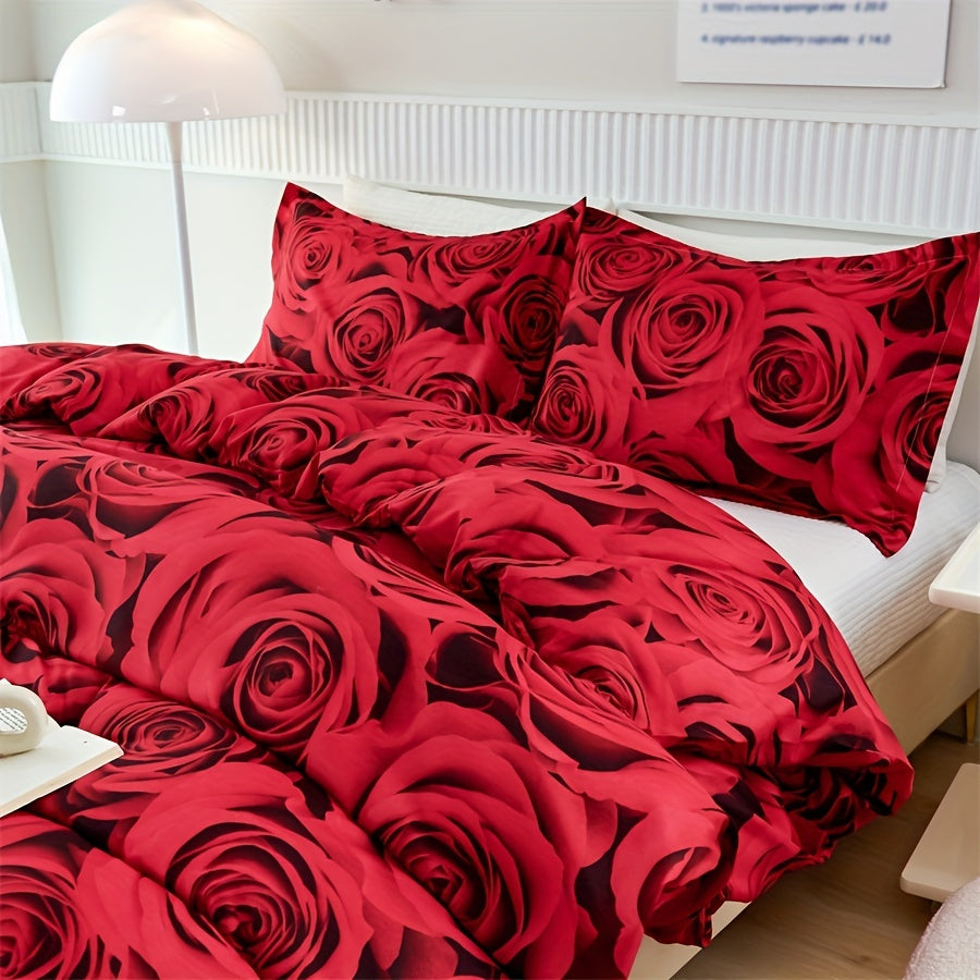 Set of 3 Duvet Covers, featuring a Romantic Red Rose Print, suitable for all seasons. This Soft, Comfortable and Breathable Bedding Set is perfect for the Bedroom or Guest Room. Includes 1 Duvet Cover and 2 Pillowcases, Core not included.