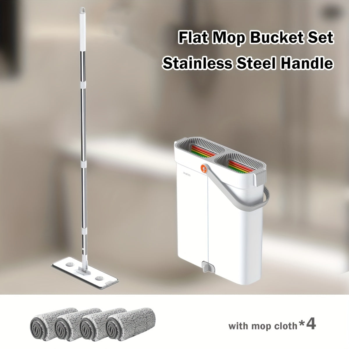 Introducing the Joybos 2-in-1 Flat Mop and Bucket Set, featuring 2/4 Washable Microfiber Pads and Hands-Free Wringing. This versatile set is perfect for both wet and dry use on tile, marble, and wood floors, as well as in the bathroom, living room