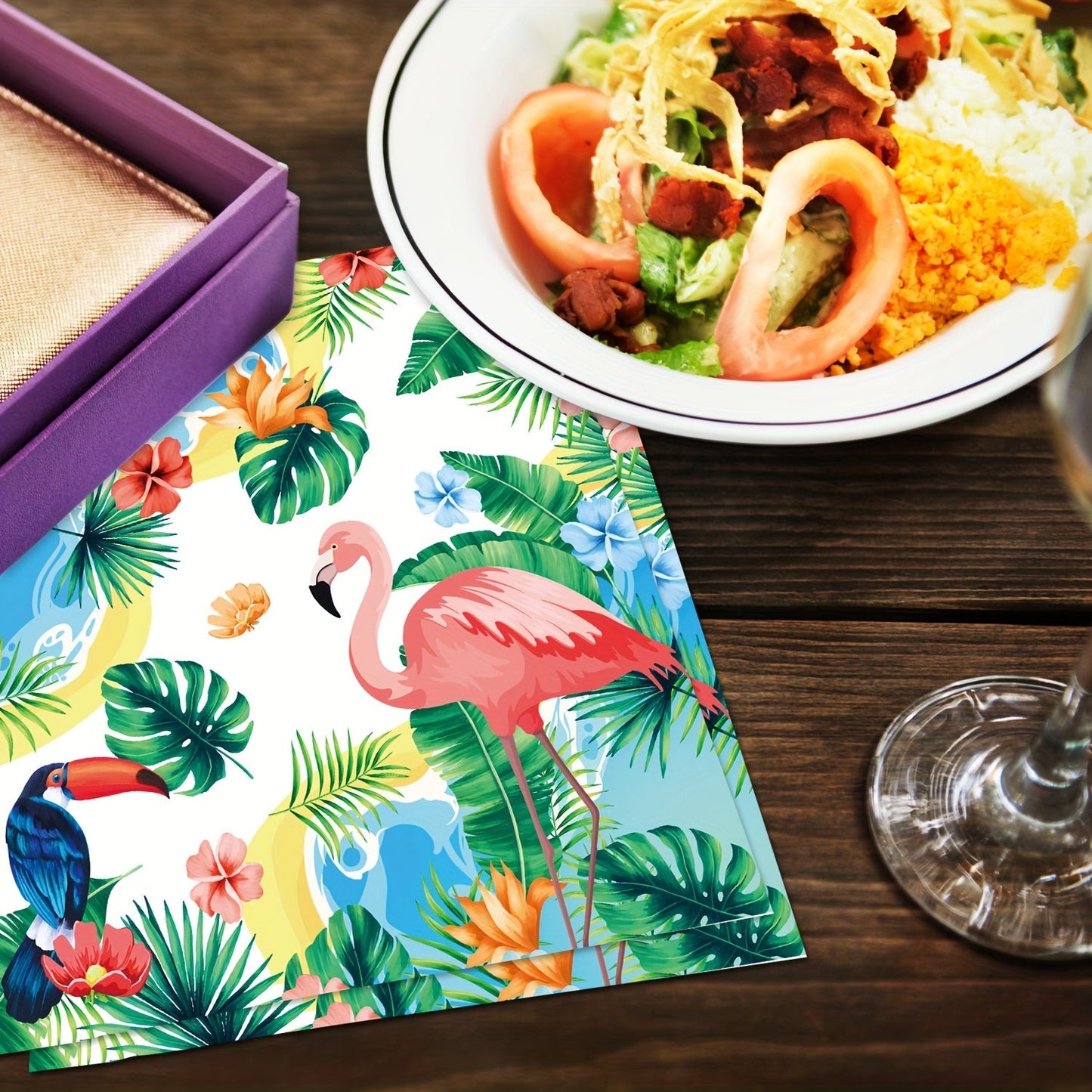 20 pieces of Hawaii Themed Party Disposable Paper Napkins with a Green Leaf Flamingo design, ideal for decorating your bathroom, powder room, or for use at weddings, holidays, and birthday parties.