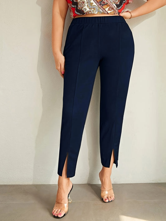 Stylish plus size high waist slim-fit pants with side slits in solid color, machine washable.