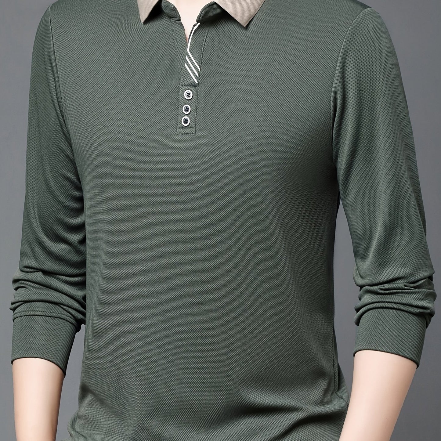 Men's casual business style long sleeve polo shirt made of 95% polyester and 5% spandex. Features a solid color, slight stretch fabric, regular fit with button detailing, and half placket.