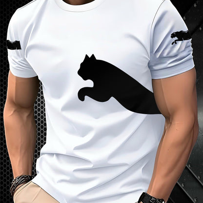 Men's casual short sleeve 3D cat print t-shirt, made of breathable polyester blend for summer outdoor wear.