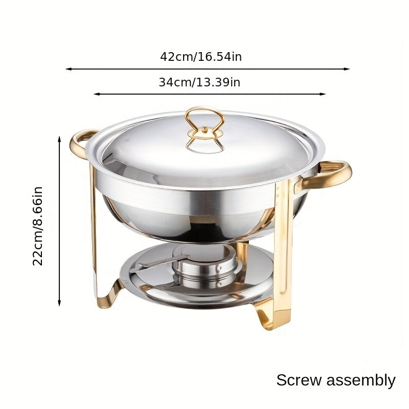 Upgrade your kitchen or catering setup with this 4.5L round stainless steel chafing dish buffet set. Perfect for parties, banquets, and other events, this set includes a tray, pan, lid, and stand for all your serving needs. Get your business supplies and