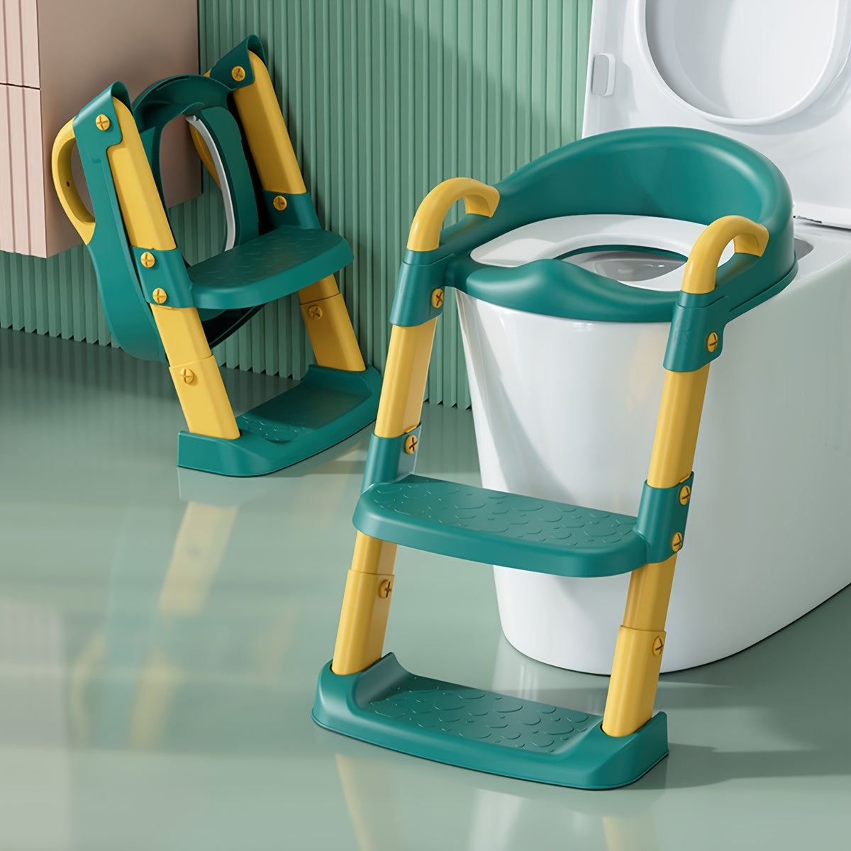 Adjustable height step stool with safety handles for kids potty training, featuring a ladder and foldable plastic chair suitable for boys and girls.