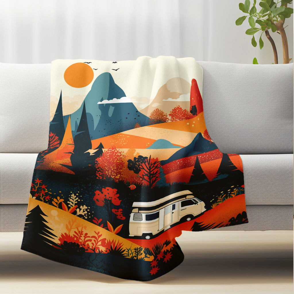 Flannel Throw Blanket - Autumn Mountain and Camper Van Design. Suitable for All Seasons, Resistant to Tears. Features Soft and Warm Knitted Polyester Material with Contemporary Style. Ideal for Home, Office, Camping, and Travel. Digital Printed Design.