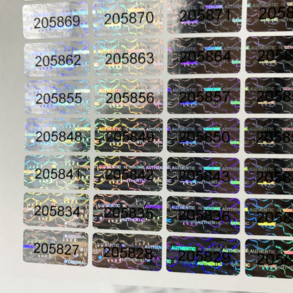 273/588 Tamper Evident Hologram Seals with Unique Serial Numbers, Genuine Labels, Adhesive PET, Rectangle, Gloss Finish, English Text, Single Use, 20x10mm