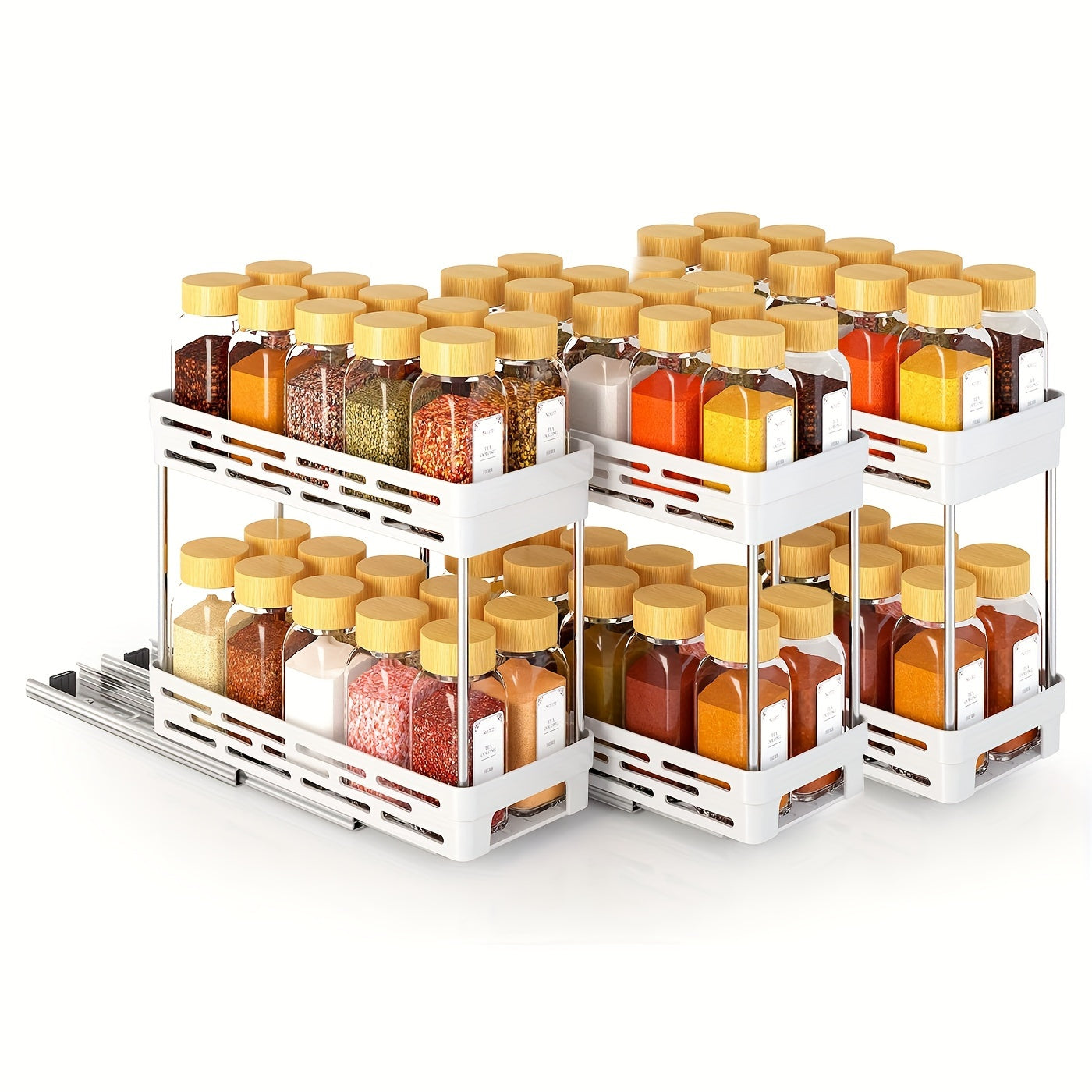 Easy to Install 3-Piece Pull-Out Spice Rack Organizer for Cabinets - Sturdy, Slide-Out Design Accommodates 10 Spice Jars on Each Tier