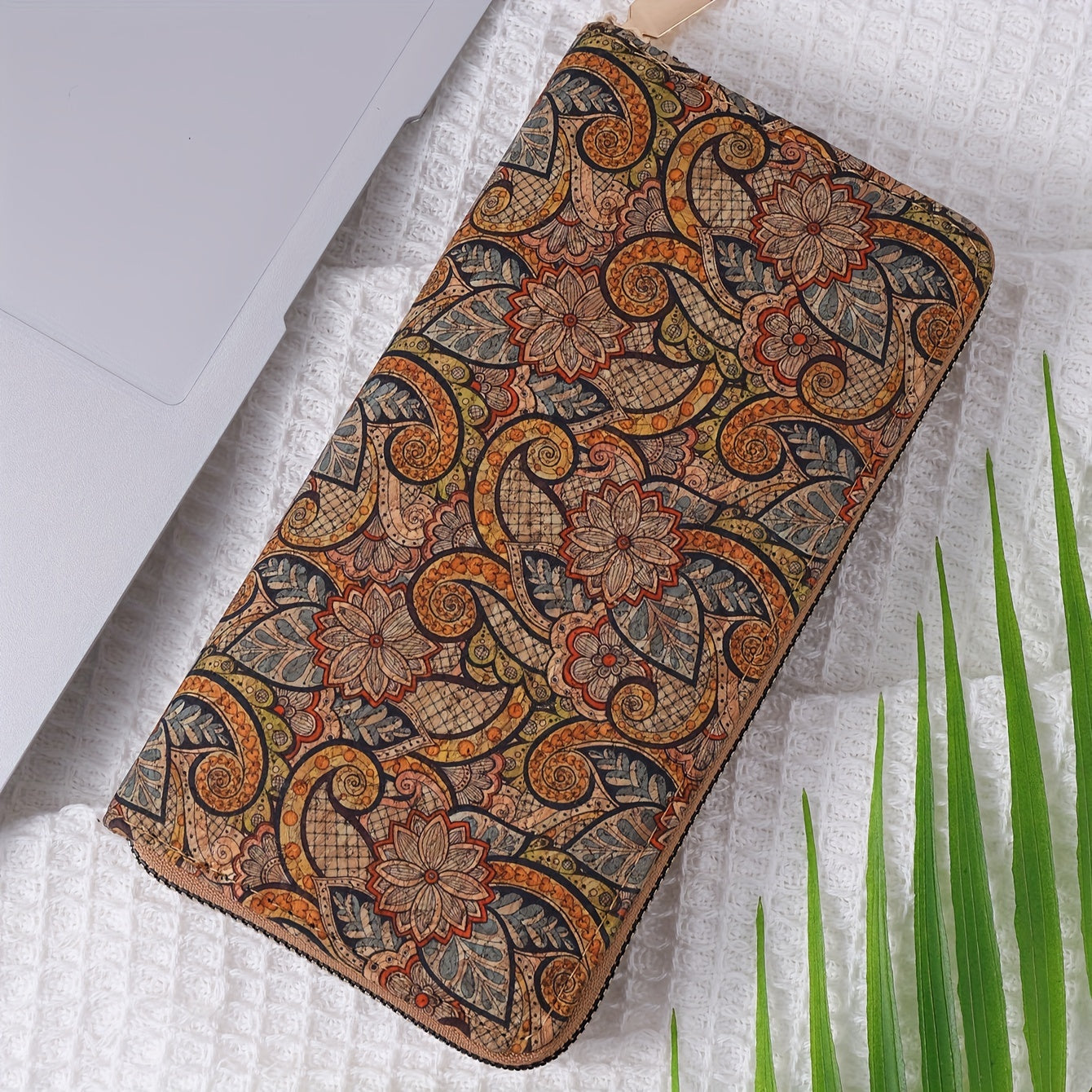 Women's vegan leather wallet with floral print, clutch coin purse, and faux wooden credit card holder.