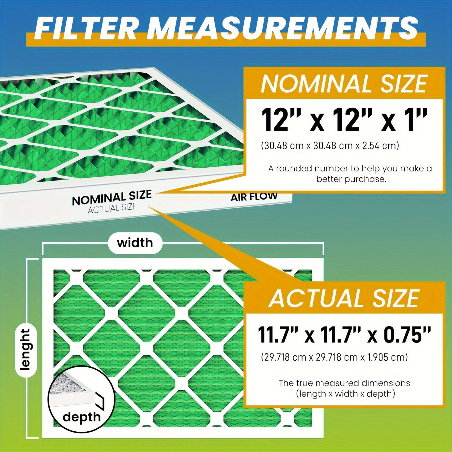 6-pack of MERV8, MERV11, and MERV13 pleated replacement air filters for AC and furnace applications in home and pet environments. Actual dimensions are 29.72cm x 29.72cm x 1.91cm.