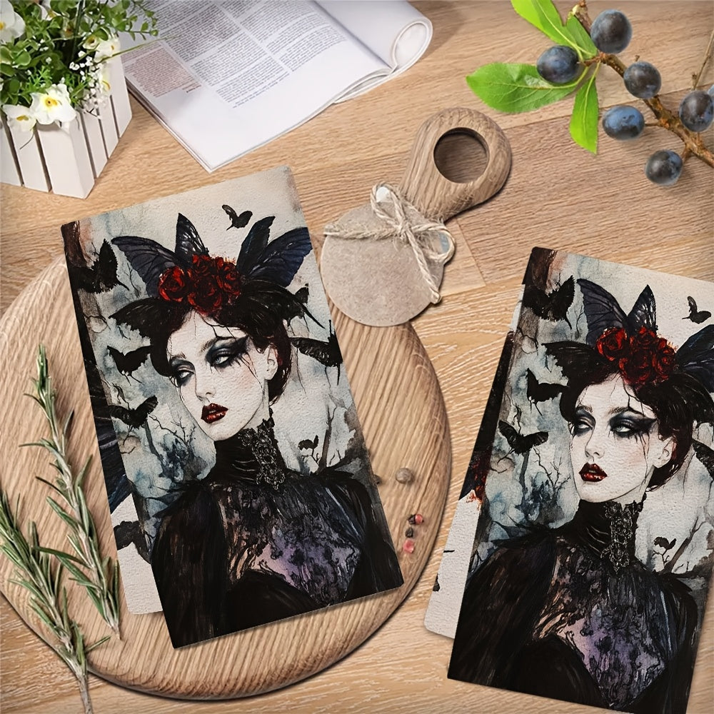 Two pieces of Whimsigoth Art Kitchen Towels - These ultra soft and highly absorbent polyester dish hand towels measure 40.64x60.96 cm. Featuring a gothic elegance design with red roses and black lace, they are machine washable and perfect for holiday