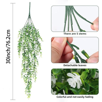 6 PCS UV resistant artificial hanging plants with detachable eucalyptus tea flowers. Perfect for indoor/outdoor walls, gardens, weddings, and home décor.