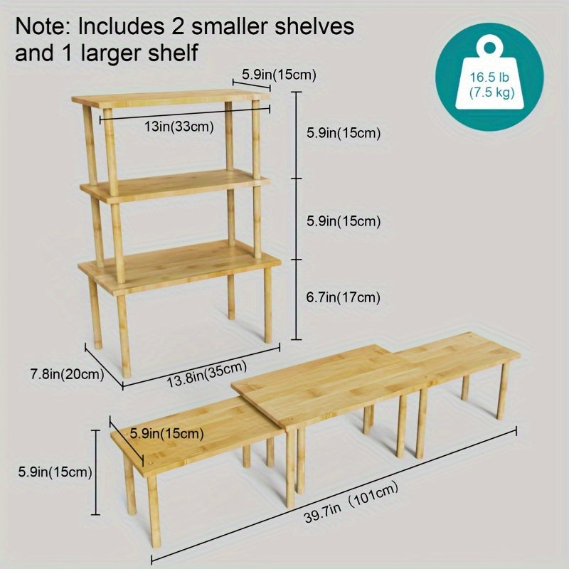 Набор из 3-х бамбуковых органайзеров для шкафов, регулируемая полка для столешницы, универсальная кухонная полка для хранения, держатель для специй, штабелируемые полки для кухни и столовой.