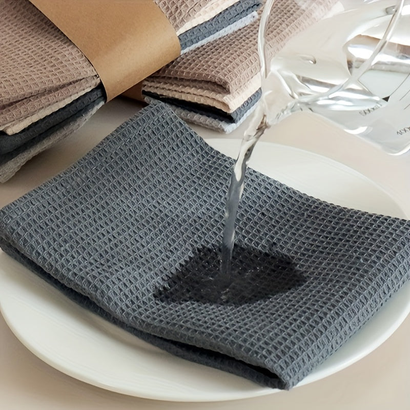 4 Ultra Absorbent Waffle Weave Dish Towels - Thick, Soft Cotton Kitchen Rags for Cleaning & Drying - Modern Square Design