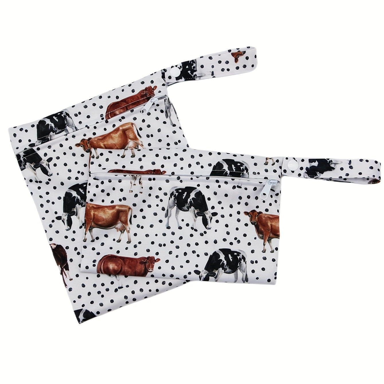 Set of 2 small waterproof wet bags with cow prints.