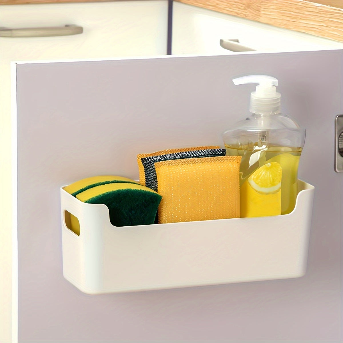 Wall-mounted storage box with cabinet inside for organizing supplies without punching holes. Cabinet door includes shelf for fresh-keeping film and bags.