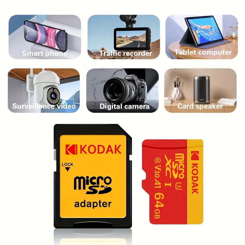 Kodak Micro SD Card TF Memory Card with Adapter, available in 32GB, 64GB, or 128GB capacity, C10 A1 TF Flash Card.