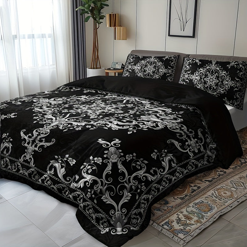 3-piece duvet cover set with pillowcases, breathable polyester, digital print black and white damask pattern, machine washable, no duvet insert, 90g fabric weight