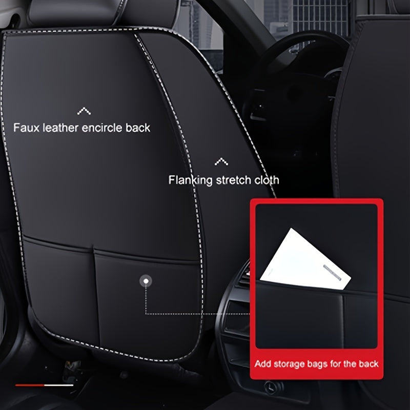 All-season faux leather car seat cushion cover with fixed lumbar support for universal front single seat fit.