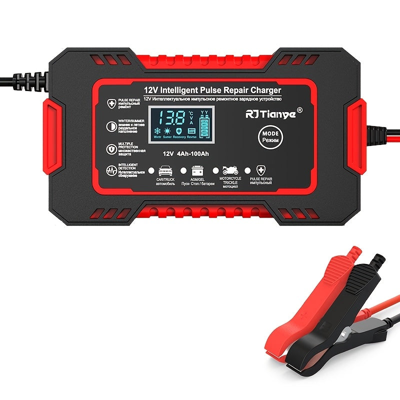 Car Battery Charger for 12V 2-100Ah batteries with desulfation and temperature compensation, designed to maintain car batteries.