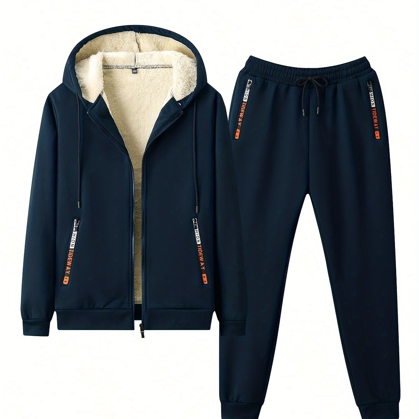 Men's 2-piece fleece lined tracksuit set for gym and running, featuring a full-zip hoodie and jogging pants.