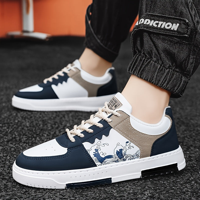 Men's casual sneakers with low top style, fashionable design, faux material, fabric lining, TPU sole, solid color, and versatile fit.