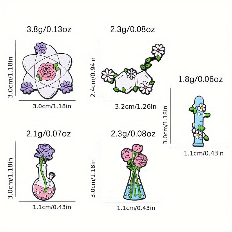 A set of five cartoon science lab brooches featuring zinc alloy chemistry floral vials and atom designs. Perfect for teachers, students, or anyone looking for a creative and unique accessory for their clothing or backpack. Ideal for daily wear or as a